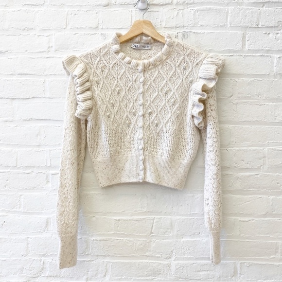 Zara Sweaters - Zara || Bead and Pearl Ruffle Knit Cardigan Ivory Large